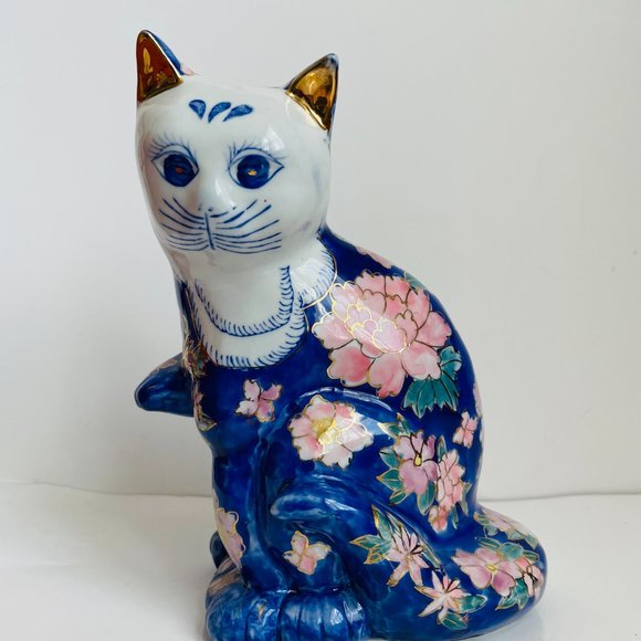 Vintage Hand Painted Porcelain Decorative Blue Sitting Cat Figurine 8” - Picture 2 of 12
